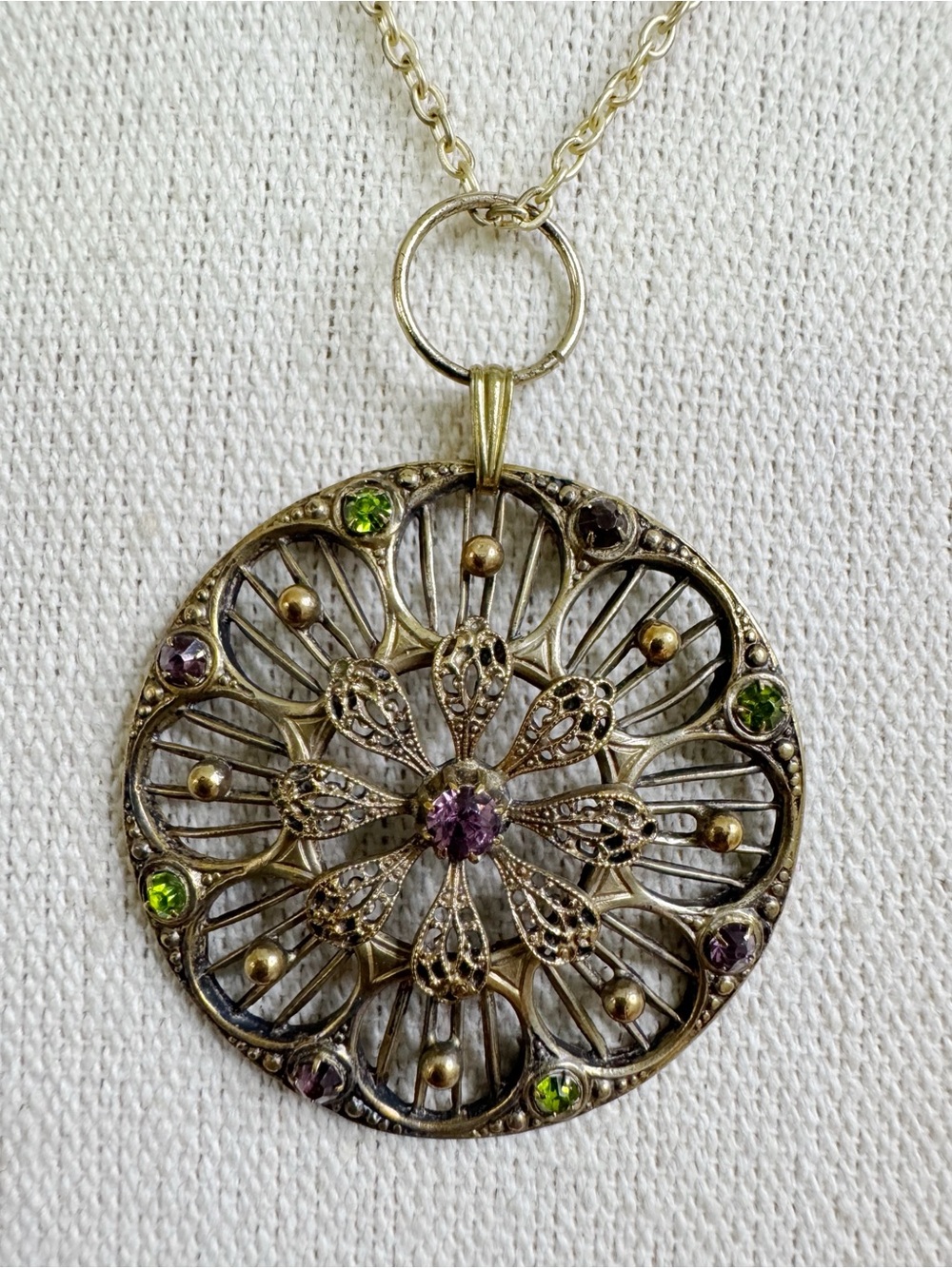Antique-Style Gold Filigree Pendant Necklace with Green and Purple Stones